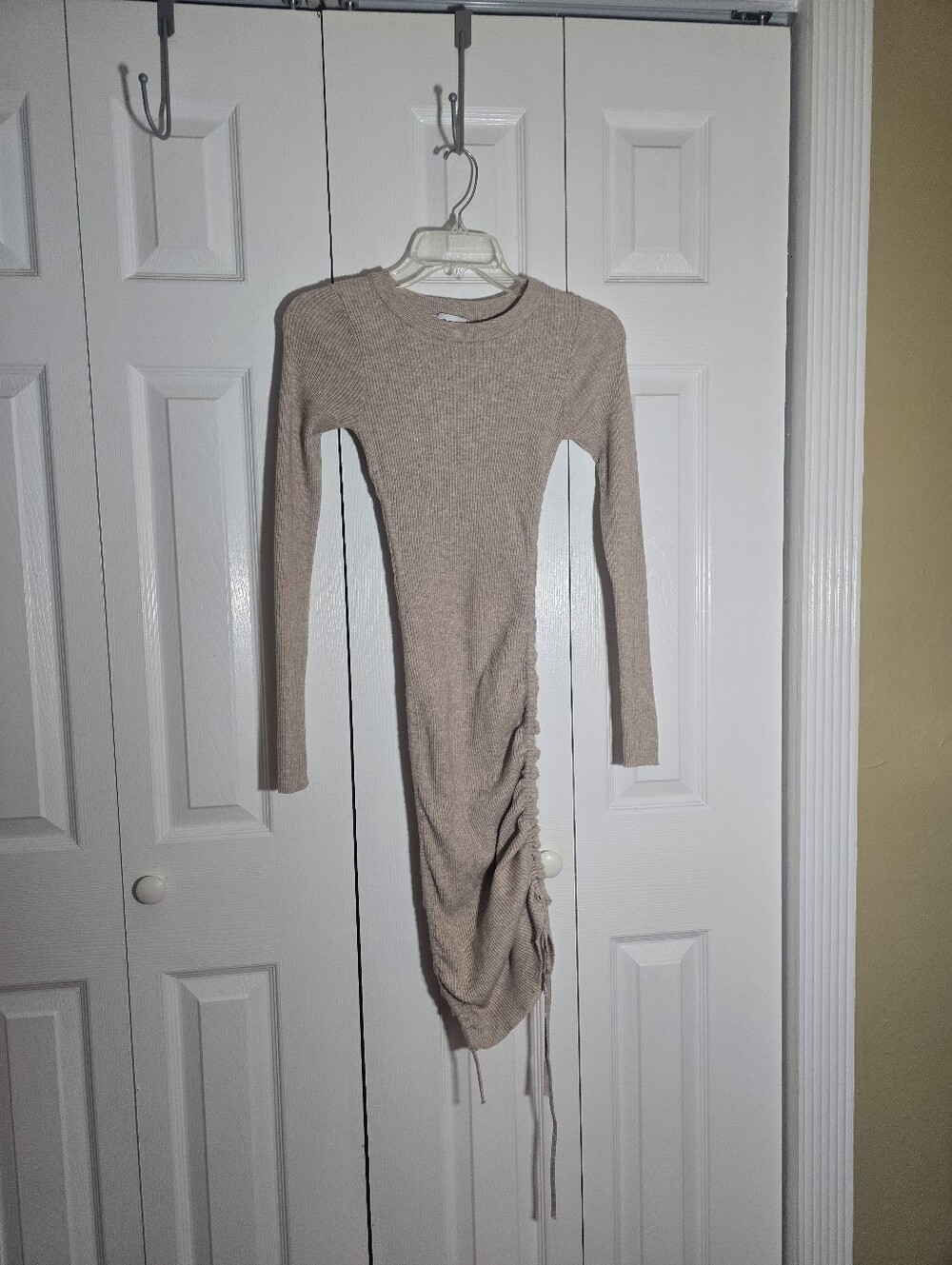 Alda Beige Ribbed Crewneck Sweater Dress